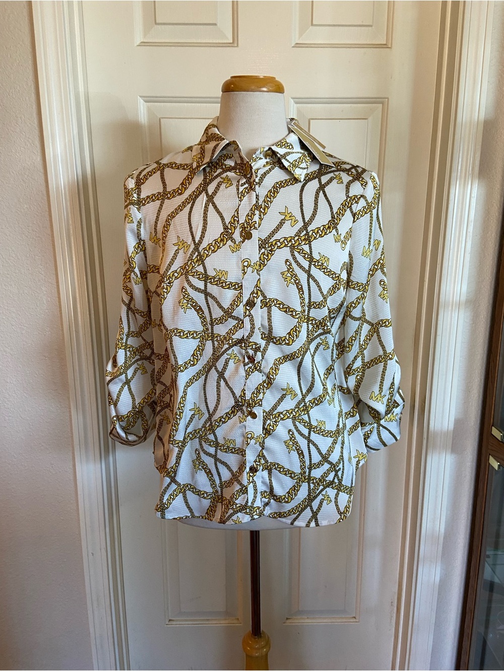 NWT Michael Kors White Shirt Button Down with Gold Chain Print Various Sizes